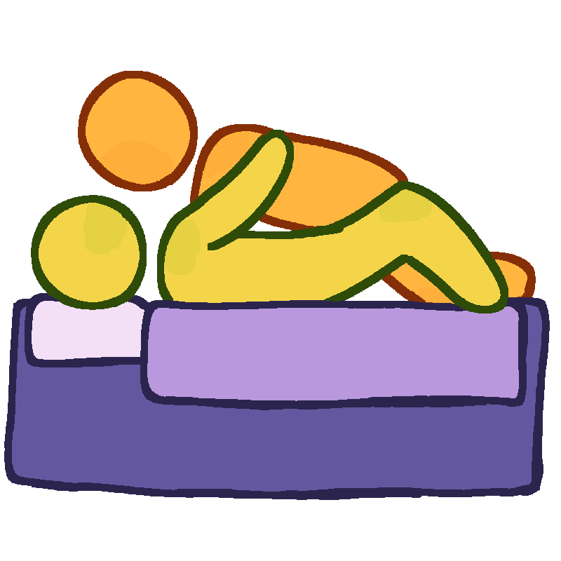 two figures on a purple bed. one figure is green-yellow and lying on their back. there's an orange-yellow figure on top of them. the green-yellow figure has their arms around the orange-yellow figure. the drawing has coloured outlines.